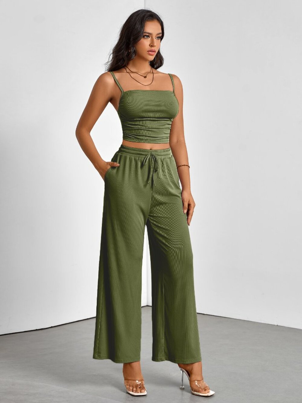 Olive Green Cami Crop Top & Wide Leg Pants 2‑Piece Outfit Set